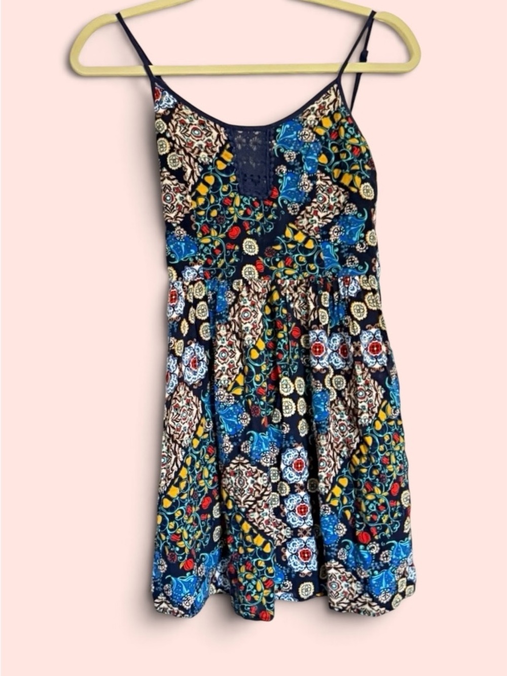 Le Marais Floral Patchwork Spaghetti-Strap Mini Dress in Navy Size Medium